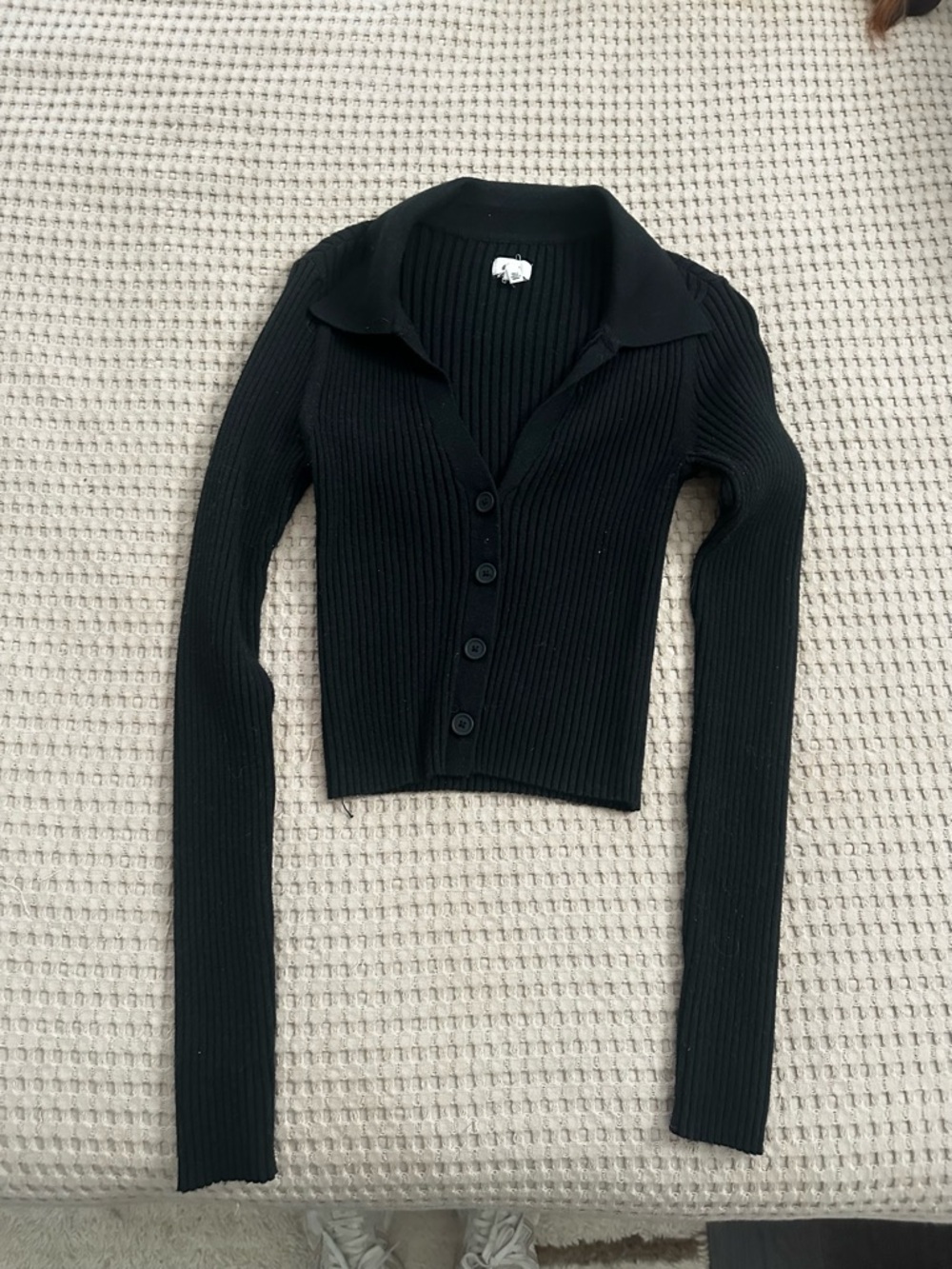 Aerie Black Ribbed Button-Up Collared Cardigan